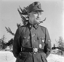 Gunter d’Alquen jako SS-Sturmbannführer během roku 1941. Na jeho levé kapse můžeme vidět v horní části zlatý stranický odznak, pod ním všeobecný útočný odznak a v druhé horní knoflíkové dírce je stuha od železného kříže II. třídy.