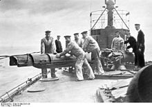 Launching a torpedo in 1915 during World War I Bundesarchiv DVM 10 Bild-23-61-28, Am Torpedorohr.jpg