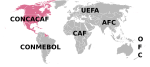 Map of the world with countries belonging to the CONCACAF marked