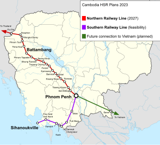 Color-coded rail map of Cambodia