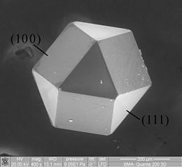 A diamond cuboctahedron showing seven crystallographic planes, imaged with scanning electron microscopy Diamond cuboctahedron.jpg