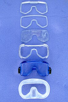 Disassembled components of a single-window, low-volume dive mask Disassembled diving mask.jpg