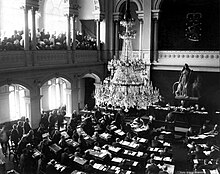 The Eduskunta, the parliament of the Grand Duchy of Finland (then part of Russia), had universal suffrage in 1906. Several states and territories can present arguments for being the first with universal suffrage. Eduskunta1907.jpg