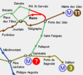 Part of Paris Métro map with lines 3bis and 7bis merged into a new line