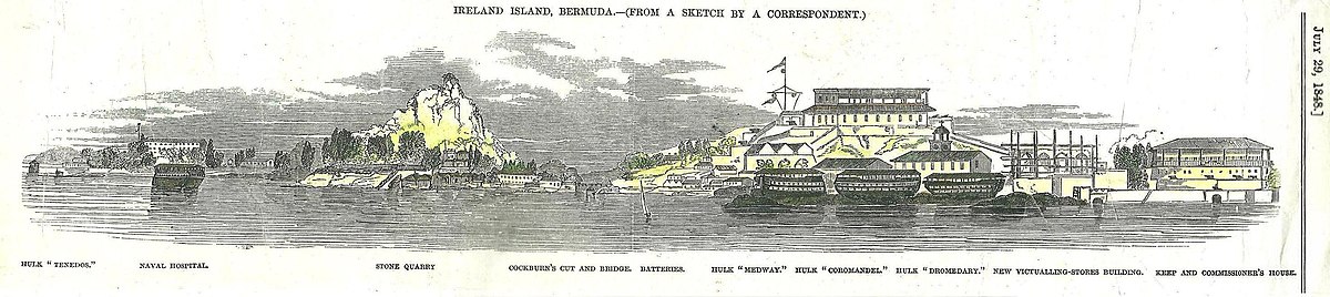 1848 Woodcut of HMD Bermuda, Ireland Island, Bermuda. Tenedos is at far left. Ireland Island Woodcut.jpg