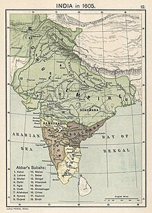 India in 1605 and the end of emperor Akbar's reign; the map shows the different subahs, or provinces, of his administration Joppen map-India in 1605 published 1907 by Longmans.jpg