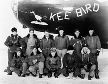 Aircrew photo, February 1947. (L to R, Standing) Lt Vern H. Arnett; Lt Russell S. Jordan; Lt John G. Lesman; Lt Burl Cowan; Lt Robert L. Luedke; Lt Talbot M. Gates; (L to R, Front Row) MSgt Lawrence Yarborough; SSgt Ernest C. Stewart; TSgt Robert Leader; SSGT Paul R. McNamara; Lt Howard R Adams Kee Bird Crew - Feb 1947.png