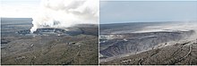 Two views of Kilauea Caldera from roughly the same vantage point. At left is the view from 2008, with a distinct gas plume from the Overlook vent, the location of what would become a long-lived lava lake. At right is a view of Kilauea Caldera after the eruptive events of 2018, showing the collapsed crater.