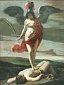 Allegory of Victory (ca. 1635), by Mathieu Le Nain: the "strangely grave and chastely immodest" Victory[26] holds a palm branch and tramples a figure variously identified as Deceit, Intrigue or Rebellion[27]