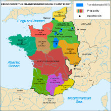 West Francia during the reign of Hugh Capet between 987 and 996 AD with the royal domain is shown in blue Le royaume des Francs sous Hugues Capet-en.svg