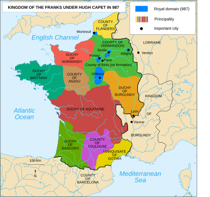 West Francia at the ascension of king Hugh Capet in 987 Le royaume des Francs sous Hugues Capet-en.svg