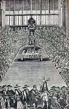 A black and white sketch of a session of the Long Parliament