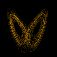 A plot of the Lorenz attractor for values r = 28, s = 10, b =
.mw-parser-output .sfrac{white-space:nowrap}.mw-parser-output .sfrac.tion,.mw-parser-output .sfrac .tion{display:inline-block;vertical-align:-0.5em;font-size:85%;text-align:center}.mw-parser-output .sfrac .num{display:block;line-height:1em;margin:0.0em 0.1em;border-bottom:1px solid}.mw-parser-output .sfrac .den{display:block;line-height:1em;margin:0.1em 0.1em}.mw-parser-output .sr-only{border:0;clip:rect(0,0,0,0);clip-path:polygon(0px 0px,0px 0px,0px 0px);height:1px;margin:-1px;overflow:hidden;padding:0;position:absolute;width:1px}
8/3 Lorenz attractor yb.svg