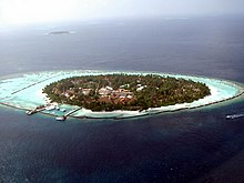 An island with a fringing reef in the Maldives. Coral reefs are dying around the world. Maldives - Kurumba Island.jpg