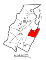 Mapo de Blair County, Pensilvanio elstariganta Woobury Urbeton