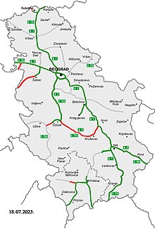 Motorway network in Serbia (also showing Kosovo)

In service
Under construction
Planned Map of motorways in Serbia decembar.jpg