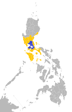 Location of Mega Manila within the Philippines: blue (for the Greater Manila Area) and yellow, according to the Philippine Information Agency