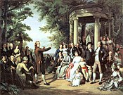 La corte delle Muse di Weimar: Friedrich Schiller legge nel parco; tra gli ascoltatori ci sono anche Wieland (seduto al centro) e Goethe (in piedi a destra). Dipinto a olio di Theobald von Oer (1807-1885), 1860.