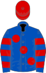 Royal blue, large red spots, hooped sleeves, red cap