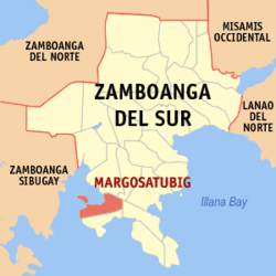Mapa ng Zamboanga del Sur na nagpapakita sa lokasyon ng Margosatubig.