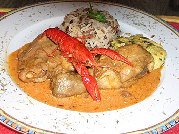 Poulet de la Drôme, langoustine et riz de Camargue