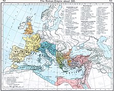 The administrative divisions of the Roman Empire in 395, under Theodosius I. Roman empire 395.jpg