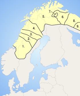 Mapa rozšíření Sámských jazyků. Lulejská sámština je pod číslem 4.