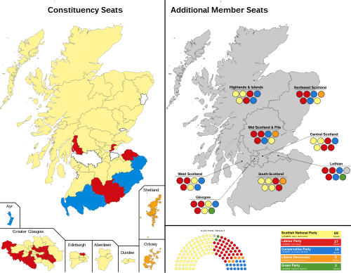 Карта, показваща победителите в избирателните райони на изборите по техните партийни цветове.