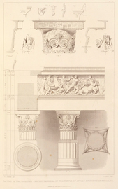 Ancient Greek Corinthian columns in the Temple of Apollo at Bassae, Bassae, Greece, illustration by Charles Robert Cockerell, unknown architect, c.429-400 BC[15]
