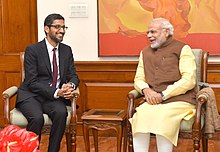 Current CEO, Sundar Pichai, with Prime Minister of India, Narendra Modi The CEO of Google, Mr. Sundar Pichai calls on the Prime Minister, Shri Narendra Modi, in New Delhi on December 17, 2015 (1).jpg