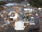 Distant film set of of in-construction building exteriors