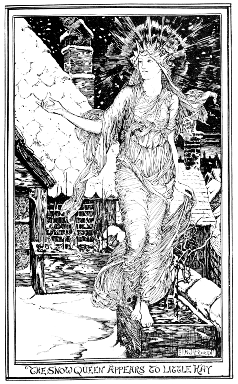 black and white full page illustration of a woman standing barefoot on the edge of a window-box with her arm outstretched and a languid expression. She wears a spikey ice crown and has long hair and a gauzy clinging dress. Her hair as well as the sleeves and hem of her dress flow in swirling patterns. In the background a house with a sloping roof and a smoking chimney can be seen. It is covered in snow, as is the ground, and snow coming down is visible against the dark night sky behind it.