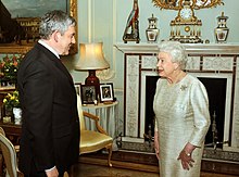 Brown tendering his resignation to Queen Elizabeth II at Buckingham Palace The Queen and Gordon Brown 11 May 2010 (7141493275).jpg