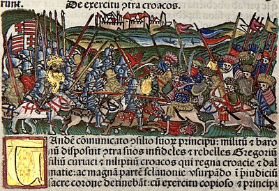 Chronica Hungarorum, Thuróczy chronicle, King Louis I of Hungary, King Louis the Great of Hungary, Croatians, campaign, battle, Hungary, Croatia, fight, armored soldiers, cavalry, medieval, Hungarian chronicle, book, illustration, history