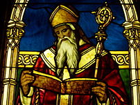 Detail of St. Augustine in a stained glass win...