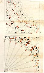 Disegni bidimensionali per due semi-muqarnas - come una conchiglia (in alto), come un ventilatore (in basso). Topkapi Scroll, XV secolo