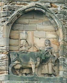 Legend of the founding of Durham depicted on cathedral UK Durham Dun-Cow.jpg