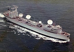 Vanguard (T-AGM-19) seen as a NASA Skylab tracking ship. Note the tracking radar and telemetry antennas.