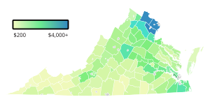 Counties and cities by median property tax paid in 2019 Virginia property taxes map 2019.svg