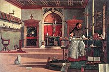 Image d'une peinture représentant saint Augustin dans un décor avec du mobilier sophistiqué et de nombreux objets exposés sur le bureau, le banc, les étagères le long des murs, le rebord et le placard derrière l'autel dans la niche, les petites sculptures Renaissance, une statue en bronze doré sur l'autel, des astrolabes, la grande sphère armillaire et un petit chien.