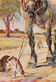 The Rat, carrying a bird cage, leads a horse by its reins on the road. Behind, the Toad stays sitting in the middle of the road. The rat is speaking to the Mole. Drawn by Paul Bransom.