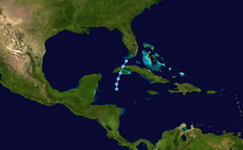 A map showing the track of a tropical depression; it begins in the western Caribbean Sea, crosses western Cuba, and ends near the Florida Keys