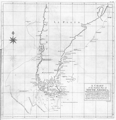 Mapa de la mitad sur de America del Sur, por Richard William Seale 1748). En el se reproduce el recorrido el HMS Centurion capitaneado por Lord George Anson en su expedición de 1740 - 1744.