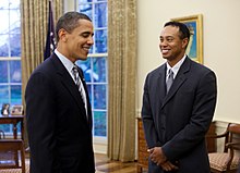 Woods meeting Barack Obama in the Oval Office, April 2009 Barack Obama meets Tiger Woods 4-20-09.jpg