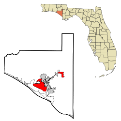 Kartta Bayn piirikunnan sijainnista Floridassa sekä Panama Cityn sijainnista piirikunnassansa.
