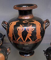 Girls dancing with an instructress and a youth, c. 430 BC, found at Capua. British Museum British Museum Room 20a Phiale Painter Girls dancing 19022019 6748.jpg