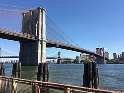 View of the Brooklyn Bridge from Manhattan; the East River is in the foreground