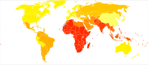 Disability-adjusted life year (DALY) for chlamydia per 100,000 inhabitants in 2004
.mw-parser-output .div-col{margin-top:0.3em;column-width:30em}.mw-parser-output .div-col-small{font-size:90%}.mw-parser-output .div-col-rules{column-rule:1px solid #aaa}.mw-parser-output .div-col dl,.mw-parser-output .div-col ol,.mw-parser-output .div-col ul{margin-top:0}.mw-parser-output .div-col li,.mw-parser-output .div-col dd{page-break-inside:avoid;break-inside:avoid-column}
.mw-parser-output .legend{page-break-inside:avoid;break-inside:avoid-column}.mw-parser-output .legend-color{display:inline-block;min-width:1.25em;height:1.25em;line-height:1.25;margin:1px 0;text-align:center;border:1px solid black;background-color:transparent;color:black}.mw-parser-output .legend-text{}
no data
<=10
10-20
20-30
30-40
40-50
50-60
60-70
70-80
80-90
90-100
100-110
more than 110 Chlamydia world map - DALY - WHO2004.svg