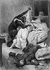 Illustration of an orangutan attacking a woman from The Murders in the Rue Morgue by Daniel Vierge