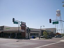 The Liberty Market with the Gilbert water tower (in background), pictured in March 2009 Downtown Gilbert - SWC Gilbert & Page - 2009-03-23.JPG